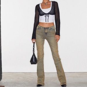 motelrocks low rise flared jeans in washed out blue